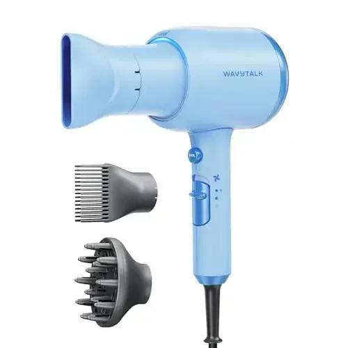 Wavytalk Hair Dryer, Blown Away Ionic Hair Dryer for Curly Hair with Diffuser, 1875W Fast Drying Blow Dryer with Ceramic Technology, 3 Attachments for All Hair Types, Light and Quiet, Light Blue - 2