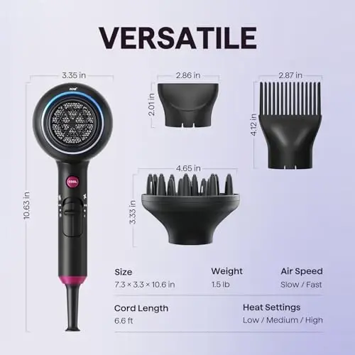 Wavytalk Professional Soch Quritgich Diffuzor bilan, 1875W Feni Quritgich Ionli Soch Quritgich Ayollar uchun Doimiy Harorat bilan, Keramik Texnologiya bilan Tez Quritgich Yengil va Jim, Qora - 6