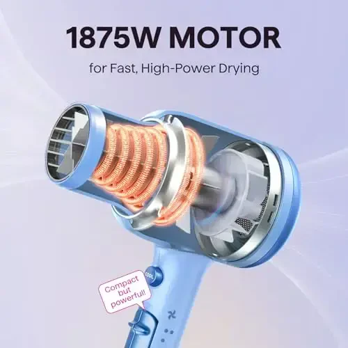 Wavytalk Hair Dryer, Blown Away Ionic Hair Dryer for Curly Hair with Diffuser, 1875W Fast Drying Blow Dryer with Ceramic Technology, 3 AttacModazoneents for All Hair Types, Light and Quiet, Light Blue - 4