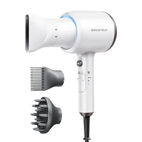 Wavytalk Hair Dryer, Blown Away Ionic Hair Dryer for Curly Hair with Diffuser, 1875W Fast Drying Blow Dryer with Ceramic Technology, 3 AttacModazoneents for All Hair Types, Light and Quiet, White - WAVYTALK