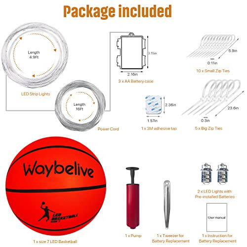 Waybelive LED Işıklı Basketbol, Boyutu 7 İnç Basketbol, 2 LED Işık ve Önceden Takılı Pillerle Kapalı veya Açık Basketbol, Su Geçirmez, Gece Oynamak İçin Çok Parlak, Çocuklar İçin İyi Bir Hediye - 6