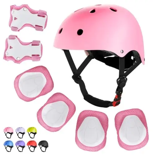 WayEee Kids Bike Helmet Set Knee Pads Adjustable Protective Gear, 3-14 Age | 7pcs skateboard set with knee pads elbow pads wrist guards double size sport cycling bike roller skating scooter boys girls 