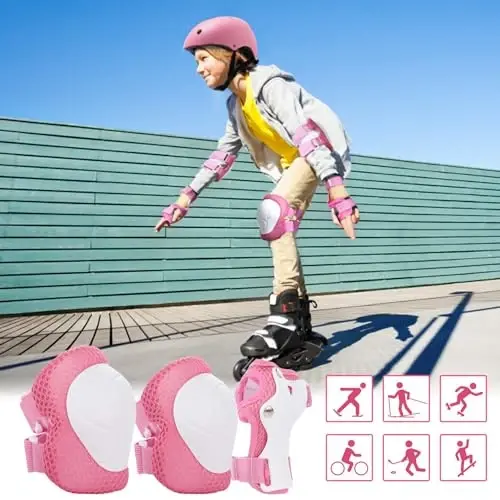 WayEee Kids Bike Helmet Set Skateboard Knee Pads, Helmet Pad Set Protective Gear Set Adjustable for Girls Kids 3-14 Helmet Elbow Pads Wrist Guards for Sport Cycling Bike Roller Skating Scooter - 6