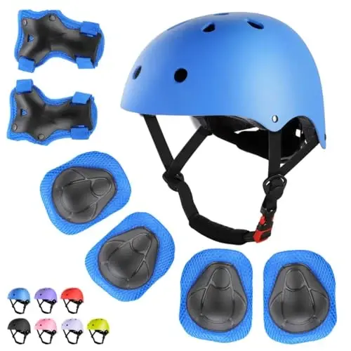 WayEee Kids Bike Helmet Set Skateboard Knee Pads, Helmet Pad Set Protective Gear Set Adjustable for Girls Kids 3-14 Helmet Elbow Pads Wrist Guards for Sport Cycling Bike Roller Skating Scooter 