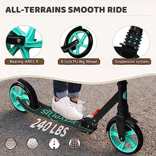 WAYPLUS 6 yoshdan katta bolgan bolalar, o'smirlar va kattalar uchun Kick Scooter. Maksimal yuk 240 LBS. Katlanadigan, engil, bolalar, o'smirlar va kattalar uchun 8 INCH katta g'ildiraklar, 4 sozlanadigan daraja. ABEC9 podshipnik - 4