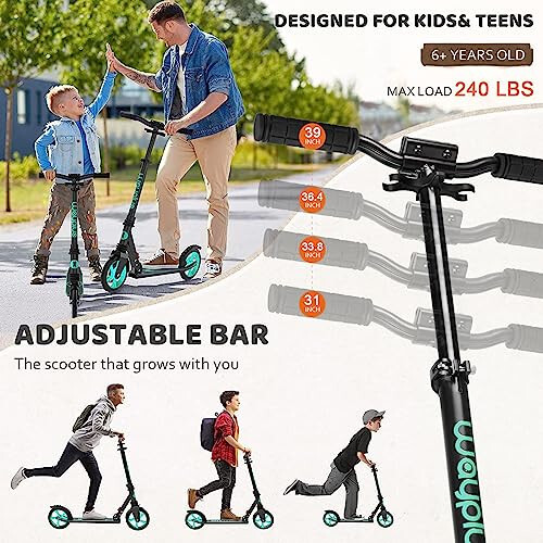 WAYPLUS Kick Scooter for Ages 6+, Kid, Teens & Adults. Max Load 240 LBS. Foldable, Lightweight, 8IN Big Wheels for Kids, Teen and Adults, 4 Adjustable Levels. Bearing ABEC9 - 3