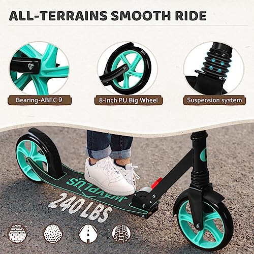 WAYPLUS Kick Scooter for Ages 6+, Kid, Teens & Adults. Max Load 240 LBS. Foldable, Lightweight, 8IN Big Wheels for Kids, Teen and Adults, 4 Adjustable Levels. Bearing ABEC9 - 4