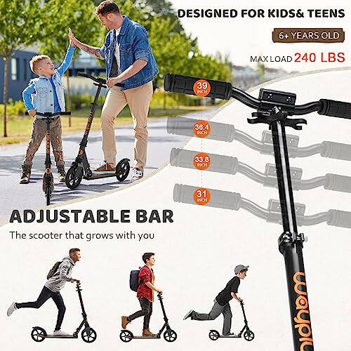 WAYPLUS Kick Scooter for Ages 6+, Kid, Teens & Adults. Max Load 240 LBS. Foldable, Lightweight, 8IN Big Wheels for Kids, Teen and Adults, 4 Adjustable Levels. Bearing ABEC9 - 2