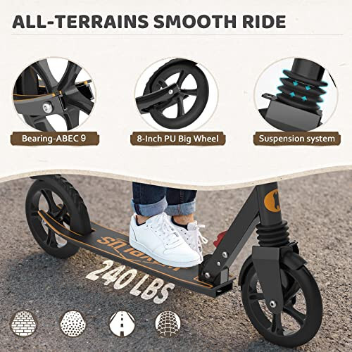 WAYPLUS Kick Scooter for Ages 6+, Kid, Teens & Adults. Max Load 240 LBS. Foldable, Lightweight, 8IN Big Wheels for Kids, Teen and Adults, 4 Adjustable Levels. Bearing ABEC9 - 4