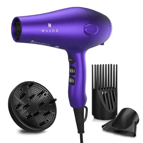 Wazor 3rd Generation Lightweight Low Noise Hair Dryer,(1875W Tourmaline Ceramic Negative Ionic Blow Dryer 2 Speed 3 Heat Settings Cool Shot with Diffuser Concentrator(Purple) - 1
