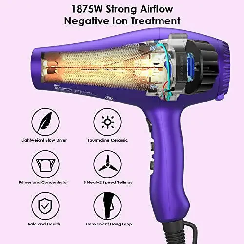 Wazor 3rd Generation Lightweight Low Noise Hair Dryer,(1875W Tourmaline Ceramic Negative Ionic Blow Dryer 2 Speed 3 Heat Settings Cool Shot with Diffuser Concentrator(Purple) - 4