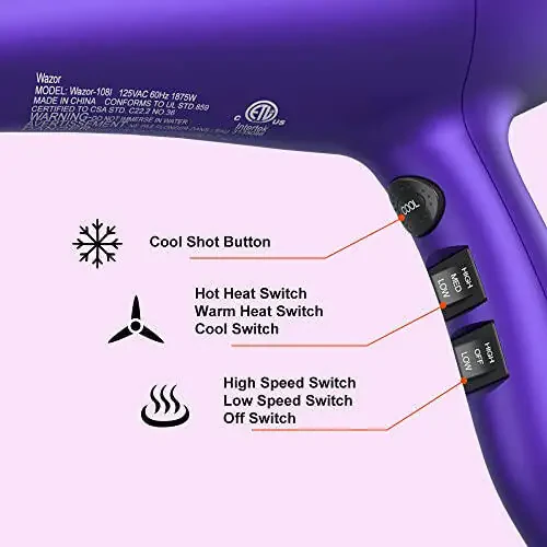 Wazor 3rd Generation Lightweight Low Noise Hair Dryer,(1875W Tourmaline Ceramic Negative Ionic Blow Dryer 2 Speed 3 Heat Settings Cool Shot with Diffuser Concentrator(Purple) - 5