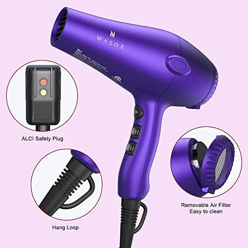 Wazor 3rd Generation Lightweight Low Noise Hair Dryer,(1875W Tourmaline Ceramic Negative Ionic Blow Dryer 2 Speed 3 Heat Settings Cool Shot with Diffuser Concentrator(Purple) - 6