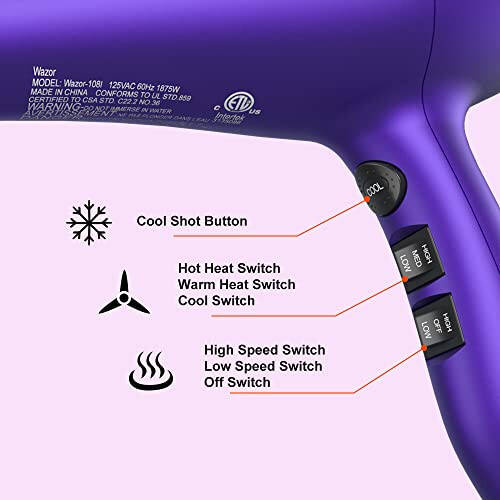 Wazor 3rd Generation Lightweight Low Noise Hair Dryer (1875W Tourmaline Ceramic Negative Ionic Blow Dryer) 2 Speed 3 Heat Settings Cool Shot with Diffuser Concentrator (Purple) - 5