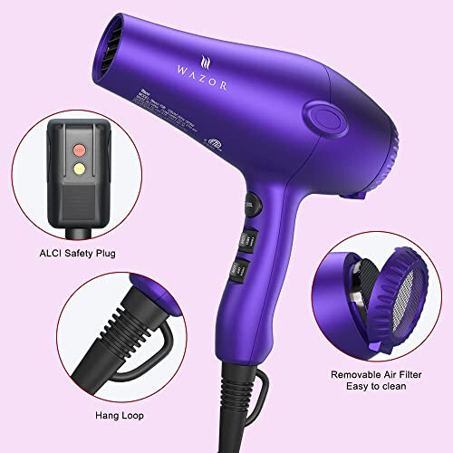 Wazor 3rd Generation Lightweight Low Noise Hair Dryer (1875W Tourmaline Ceramic Negative Ionic Blow Dryer) 2 Speed 3 Heat Settings Cool Shot with Diffuser Concentrator (Purple) - 6