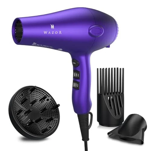 Wazor 3rd Generation Lightweight Low Noise Hair Dryer (1875W Tourmaline Ceramic Negative Ionic Blow Dryer) 2 Speed 3 Heat Settings Cool Shot with Diffuser Concentrator (Purple) - Wazor