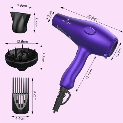 Wazor 3rd Generation Lightweight Low Noise Hair Dryer (1875W Tourmaline Ceramic Negative Ionic Blow Dryer) 2 Speed 3 Heat Settings Cool Shot with Diffuser Concentrator (Purple) - Wazor (1)