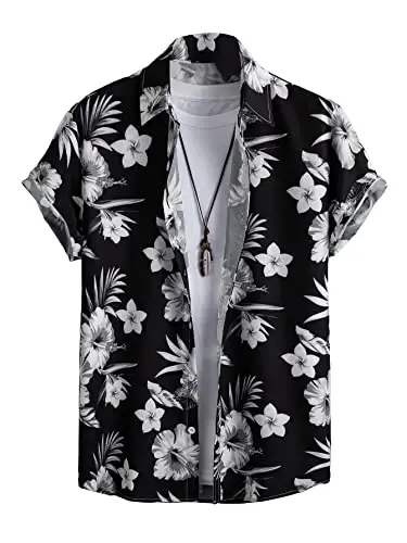 WDIRARA Men's Button Up Short Sleeve Cat Print Beachwear Striped Pocket Hawaiian Shirt Casual Collar Top - 1