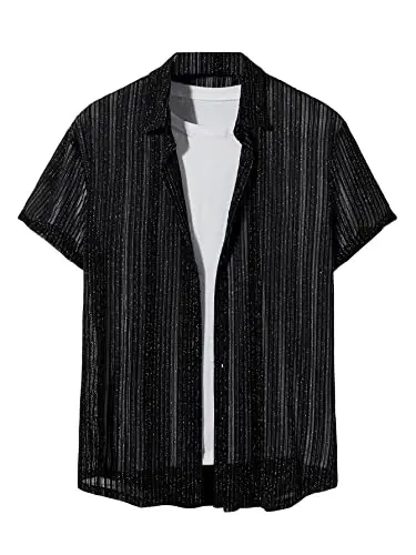 WDIRARA Men's Button Up Short Sleeve Cat Print Beachwear Striped Pocket Hawaiian Shirt Casual Collar Top - 1