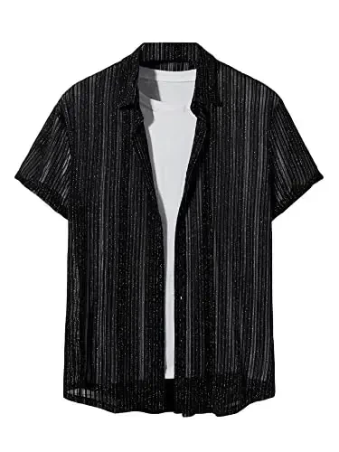 WDIRARA Men's Button Up Short Sleeve Cat Print Beachwear Striped Pocket Hawaiian Shirt Casual Collar Top - WDIRARA