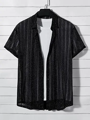 WDIRARA Men's Button Up Short Sleeve Cat Print Beachwear Striped Pocket Hawaiian Shirt Casual Collar Top - 6