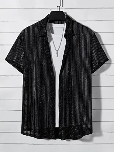 WDIRARA Men's Button Up Short Sleeve Cat Print Beachwear Striped Pocket Hawaiian Shirt Casual Collar Top - 5