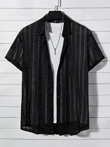 WDIRARA Men's Button Up Short Sleeve Cat Print Beachwear Striped Pocket Hawaiian Shirt Casual Collar Top - 5