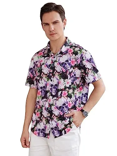 WDIRARA Men's Skull Floral Print Button Front Short Sleeve Shirt Collar Top - MODAZONE