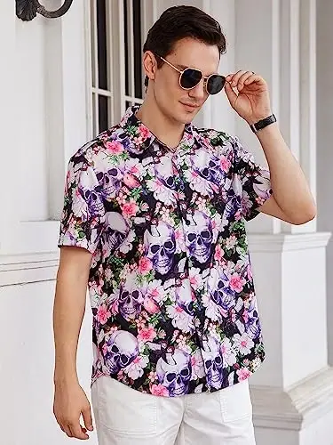 WDIRARA Men's Skull Floral Print Button Front Short Sleeve Shirt Collar Top - 4