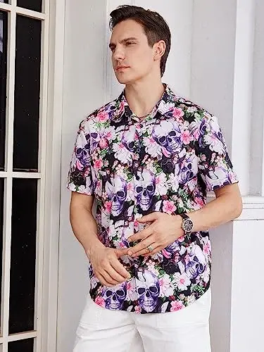 WDIRARA Men's Skull Floral Print Button Front Short Sleeve Shirt Collar Top - 6