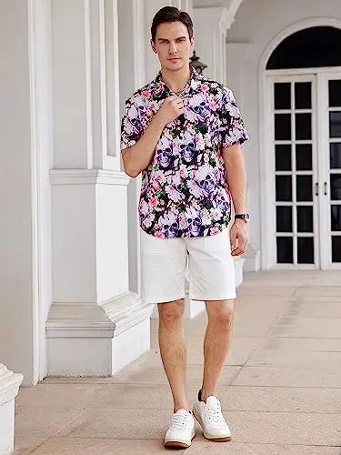 WDIRARA Men's Skull Floral Print Button Front Short Sleeve Shirt Collar Top - 7