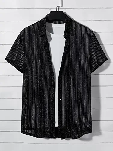 WDIRARA Men's Button Up Short Sleeve Cat Print Beachwear Striped Pocket Hawaiian Shirt Casual Collar Top - 6