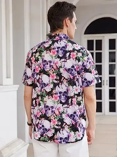 WDIRARA Men's Button Up Short Sleeve Cat Print Beachwear Striped Pocket Hawaiian Shirt Casual Collar Top - 2