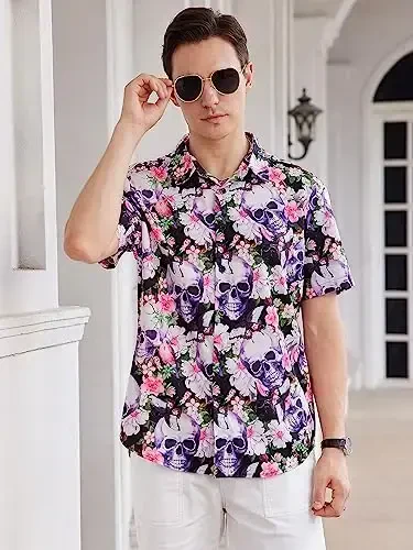 WDIRARA Men's Button Up Short Sleeve Cat Print Beachwear Striped Pocket Hawaiian Shirt Casual Collar Top - 3