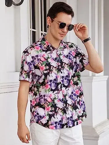 WDIRARA Men's Button Up Short Sleeve Cat Print Beachwear Striped Pocket Hawaiian Shirt Casual Collar Top - 4