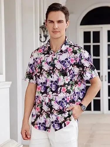 WDIRARA Men's Button Up Short Sleeve Cat Print Beachwear Striped Pocket Hawaiian Shirt Casual Collar Top - 5