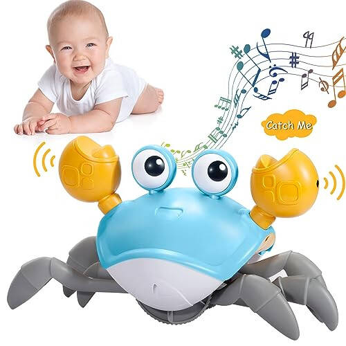 WDQT Crawling Crab Baby Toy-Gifts Infant Tummy Time Toys Build in Rechargeable Battery,Baby Toys with Music and LED Light for 0-6 6-12 1-3 4+ Year Old Boys Girls Toddler（Blue） - 1