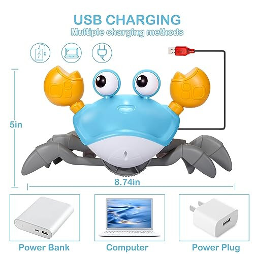 WDQT Crawling Crab Baby Toy-Gifts Infant Tummy Time Toys Build in Rechargeable Battery,Baby Toys with Music and LED Light for 0-6 6-12 1-3 4+ Year Old Boys Girls Toddler（Blue） - 6