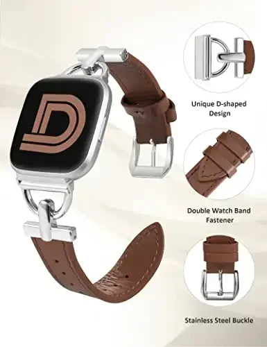 Wearlizer Leather Band Compatible with Fitbit Versa 2 Bands for Women, Dressy Slim Leather Strap Wristband with D-Shape Metal Buckle for Fitbit Versa 2/Versa Lite/SE Smart Watch - 4