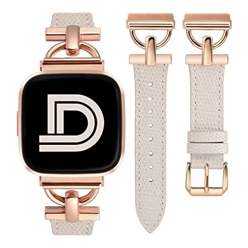 Wearlizer Leather Band Compatible with Fitbit Versa 2 Bands for Women, Dressy Slim Strap Wristband D-Shape Metal Buckle Versa/Versa 2/Versa Lite/Versa SE Smart Watch Lizard Starlight/Rose Gold 