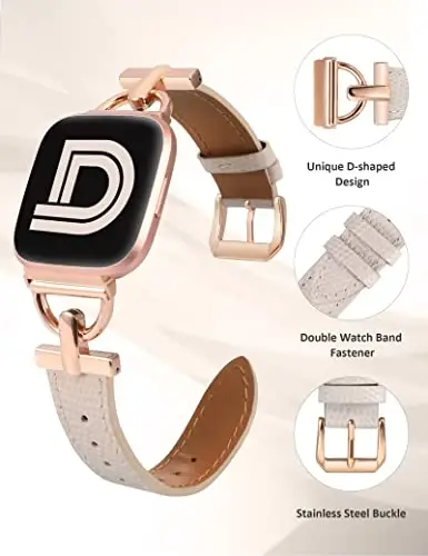 Wearlizer Leather Band Compatible with Fitbit Versa 2 Bands for Women, Dressy Slim Strap Wristband D-Shape Metal Buckle Versa/Versa 2/Versa Lite/Versa SE Smart Watch Lizard Starlight/Rose Gold - 4