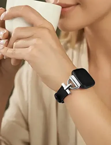 Wearlizer Leather Band Compatible with Fitbit Versa Bands, Slim Leather Strap Wristband with D-Shape Metal Buckle for Women - 5