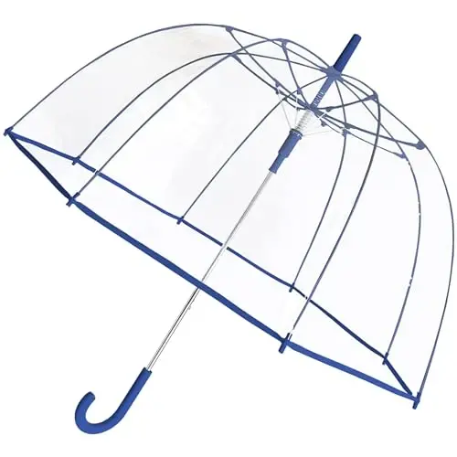 Weather Station Clear Dome Rain Umbrella, Automatic Open, Bubble, Windproof, Waterproof, Lightweight, Full 52 Inch Arc, Stick, Blue - 1
