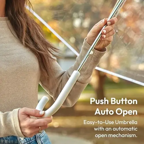 Weather Station Clear Rain Umbrella, Adult, Dome Canopy, Bubble, Automatic Open, Bubble, Waterproof, Lightweight, Full 52 Inch Arc, Stick, White - 3