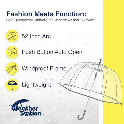 Weather Station Rain Umbrella, Automatic Compact Clear Dome Folding Umbrella, Windproof, Waterproof, Lightweight, and Packable for Travel - 3