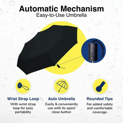 Weather Station Rain Umbrella, Automatic Folding Umbrella, Windproof, Lightweight, and Packable for Travel, Full 42 Inch Arc, Black - 3