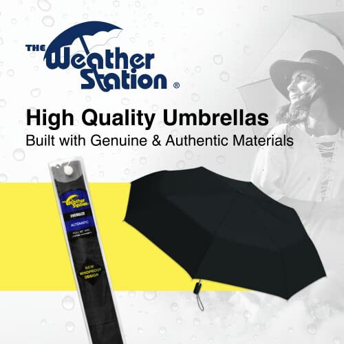 Weather Station Rain Umbrella, Automatic Folding Umbrella, Windproof, Lightweight, and Packable for Travel, Full 42 Inch Arc, Black - 7