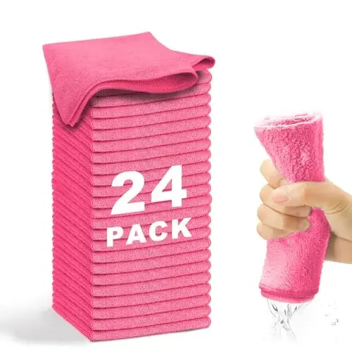 WEAWE Microfiber Cleaning Cloth-24Pcs (13x13 inch) Ultra Soft Highly Absorbent Rags for Housekeeping-Machine Wash (HotPink) 