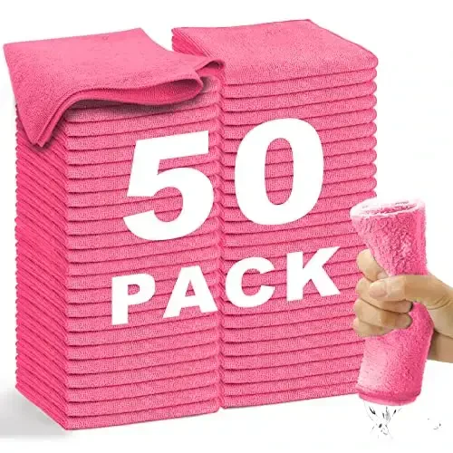 WEAWE Microfiber Cleaning Cloth-50Pcs (13x13 inch) Ultra Soft Highly Absorbent Rags, Reusable and Lint Free Cleaning Towels for Housekeeping-Machine Wash (HotPink) - 1