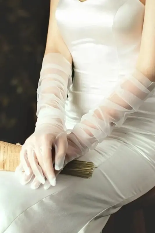 Wedding Bridal White Gloves Matching Long Gloves Long Tulle Gloves - 1